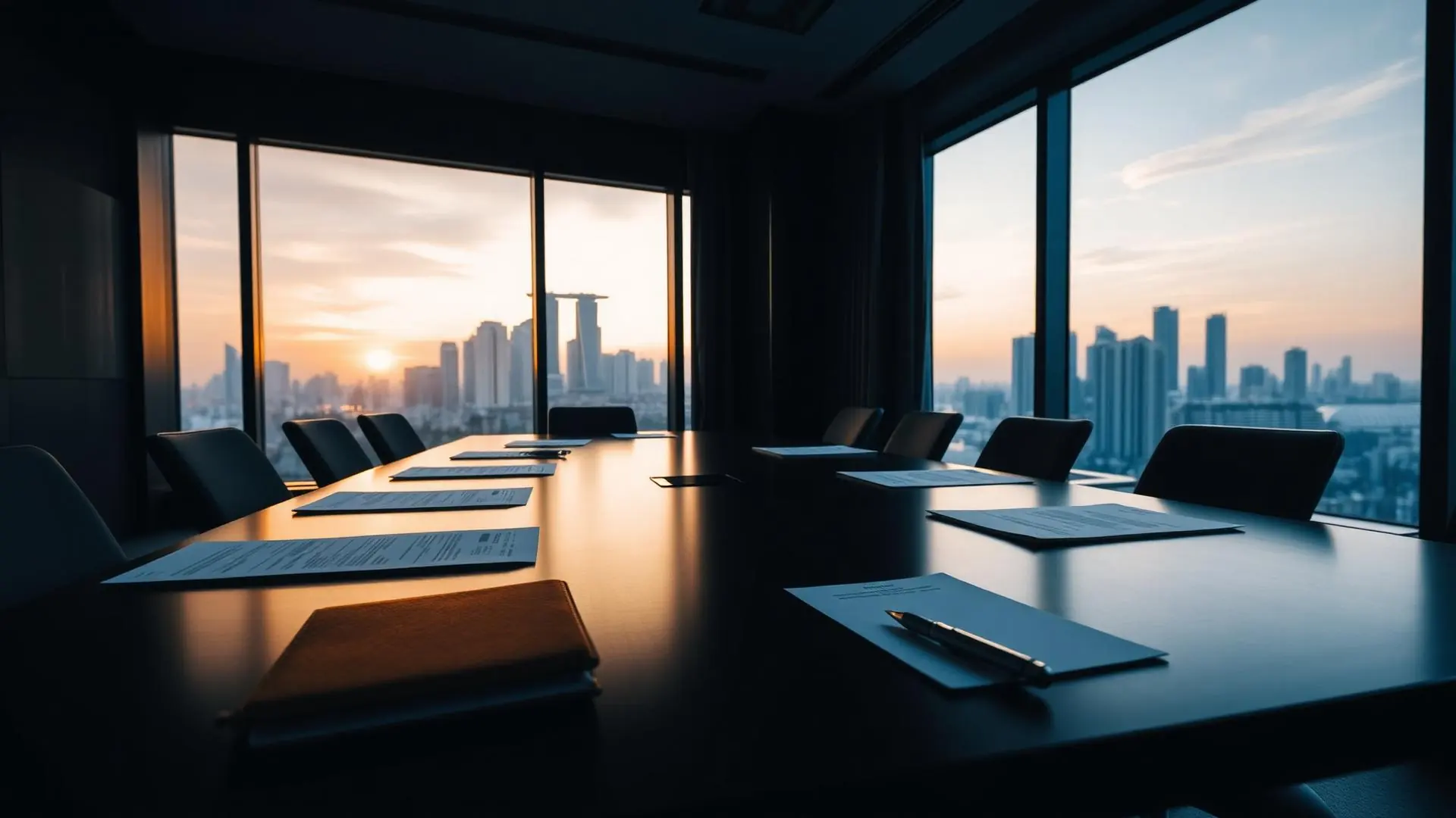 A modern boardroom table at golden hour with planning documents and a leather notebook.