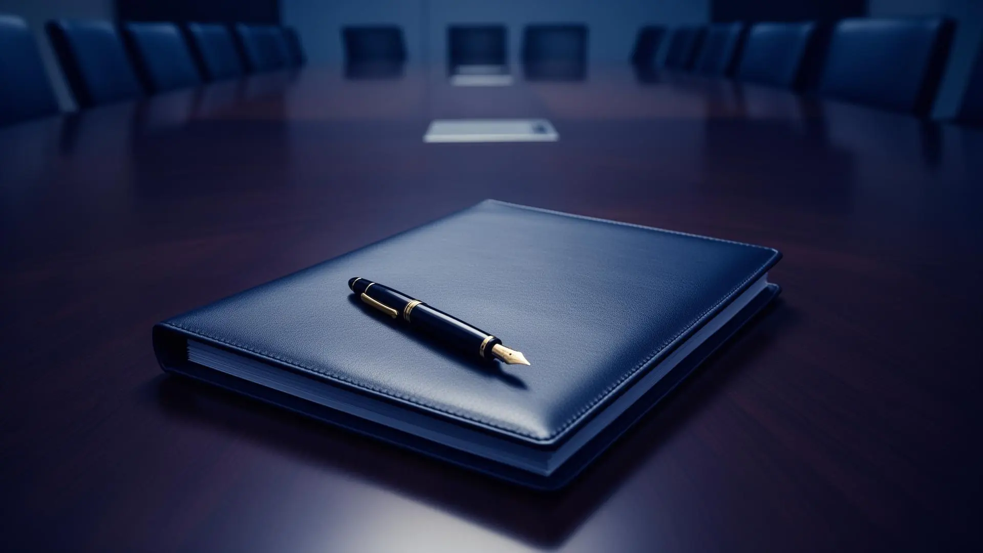 A leather-bound executive briefing document and fountain pen resting on a dark boardroom table.