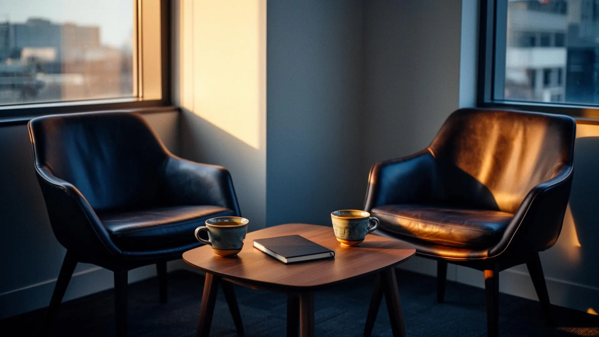 Two empty leather chairs facing each other across a low table by a window at golden hour, two cups of tea and a closed notebook between them.