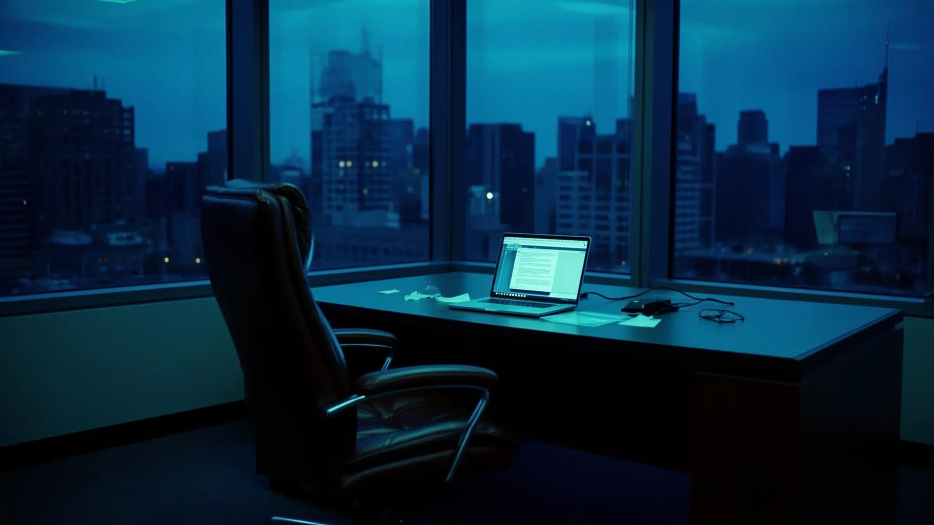 An empty executive corner office at twilight, with a glowing laptop on the desk and the chair turned away.