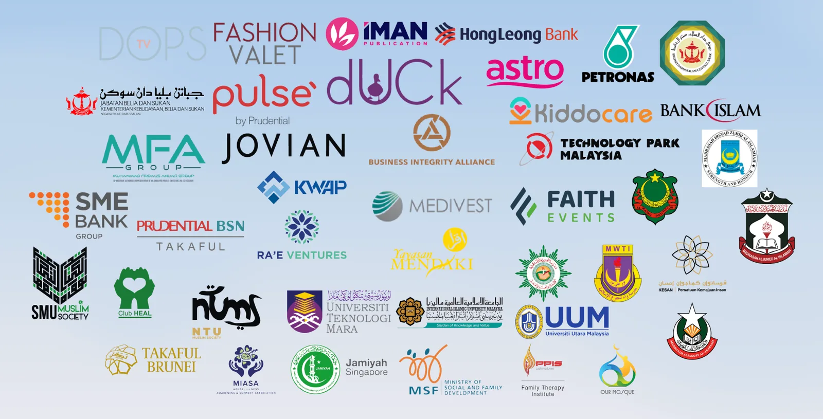 Logos of past clients including HongLeong Bank, Petronas, Astro, Bank Islam, Prudential, FashionValet, Duck, Jovian, Universiti Teknologi Mara, IIUM, UUM, MSF, Yayasan Mendaki, Jamiyah Singapore, Madrasah Aljunied, and others.