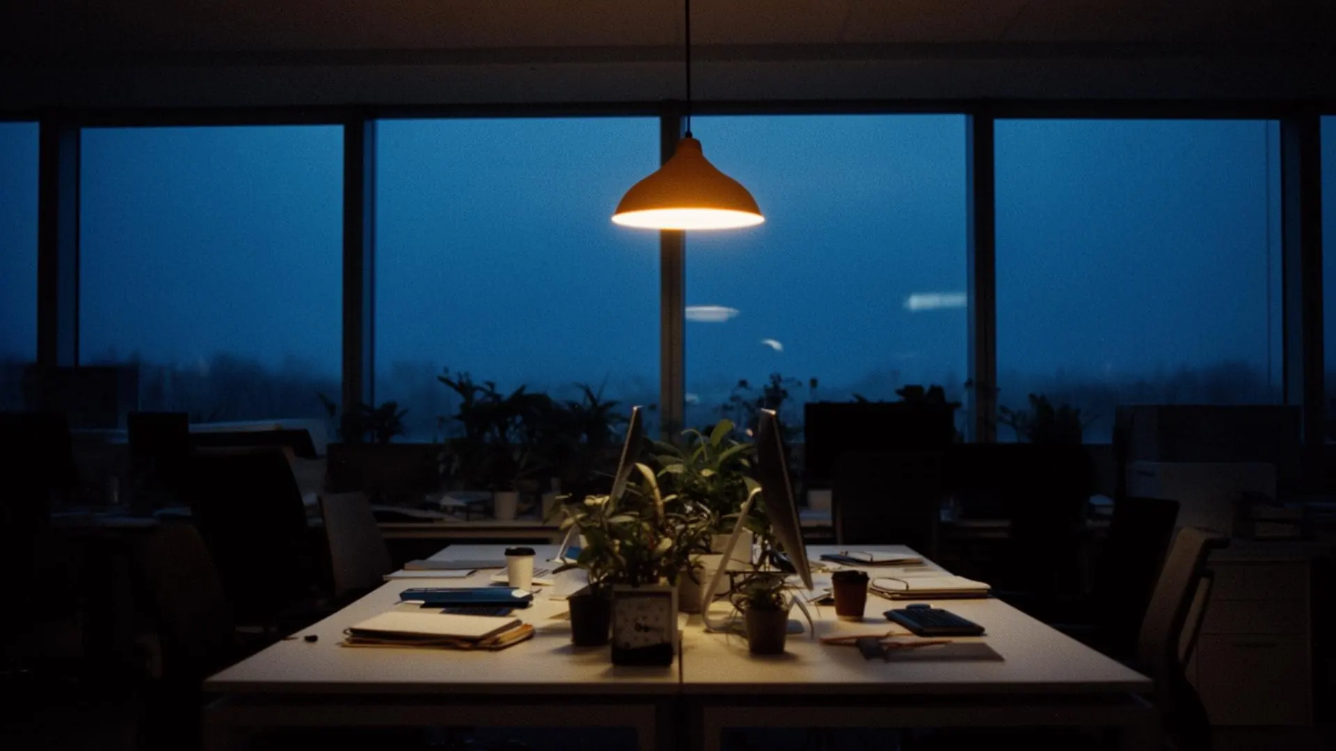 An empty open-plan office at twilight, lit by a single warm pendant lamp over a desk with plants, notebooks and dimmed monitors.