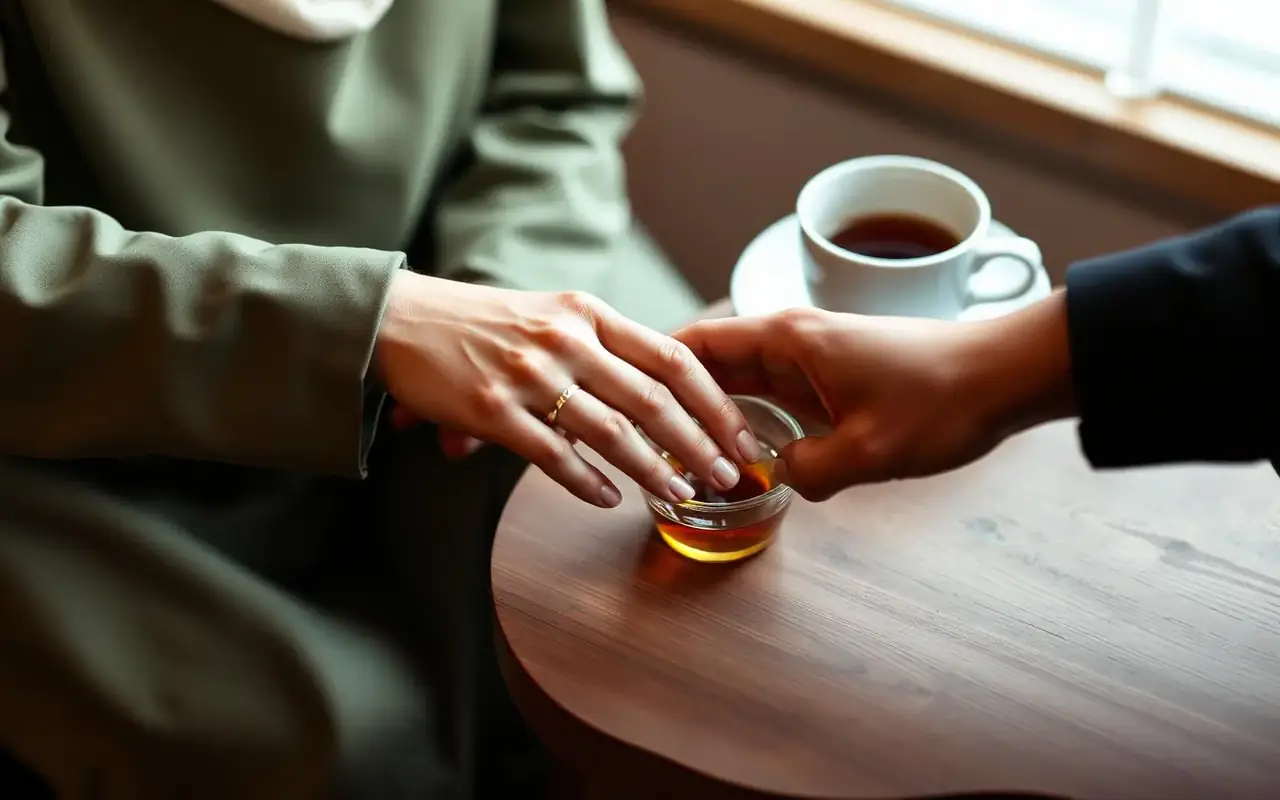 Two hands almost touching across a small wooden table beside a cup of tea