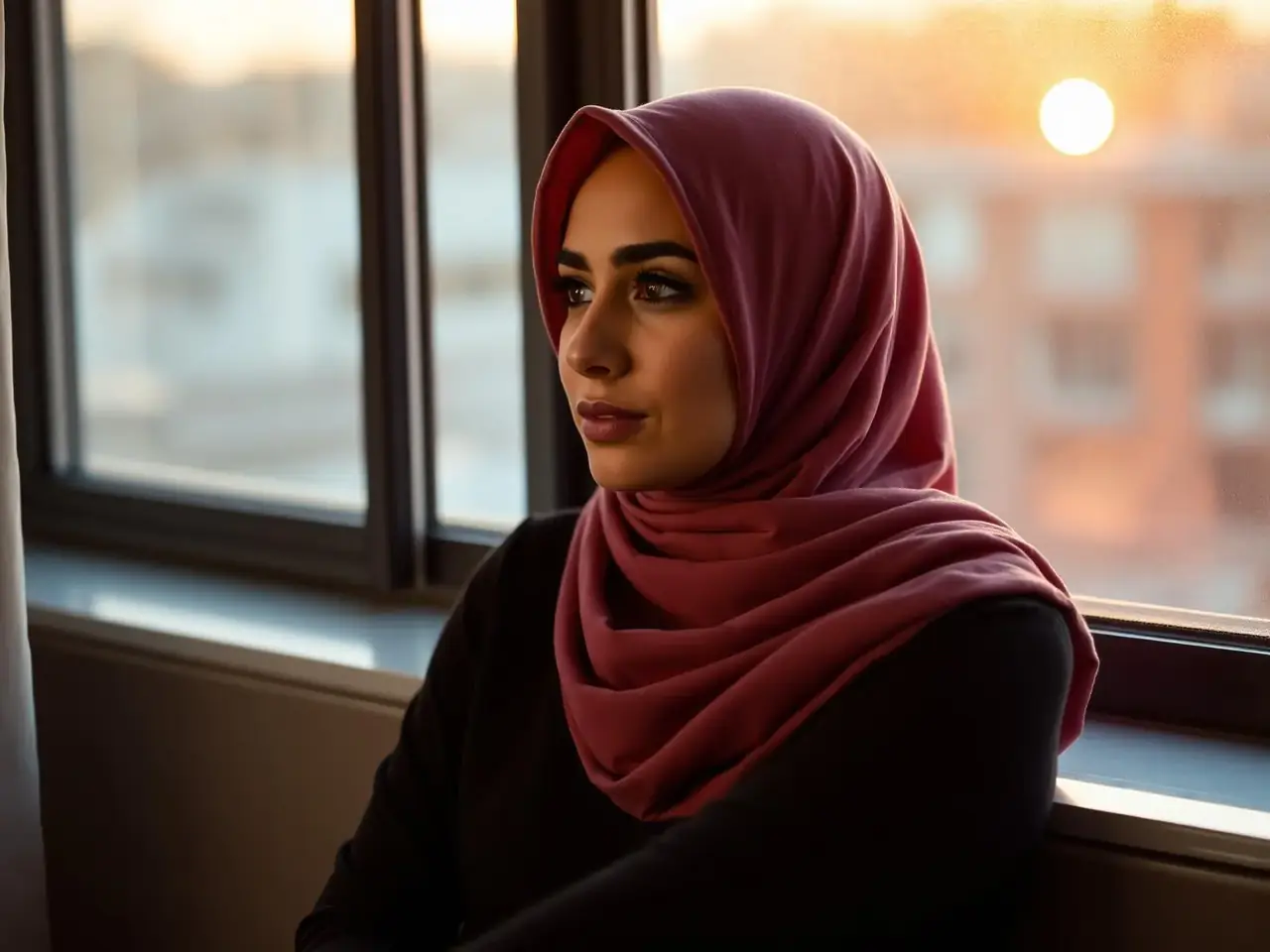 A young woman in a dusty rose hijab looking out a window at dusk