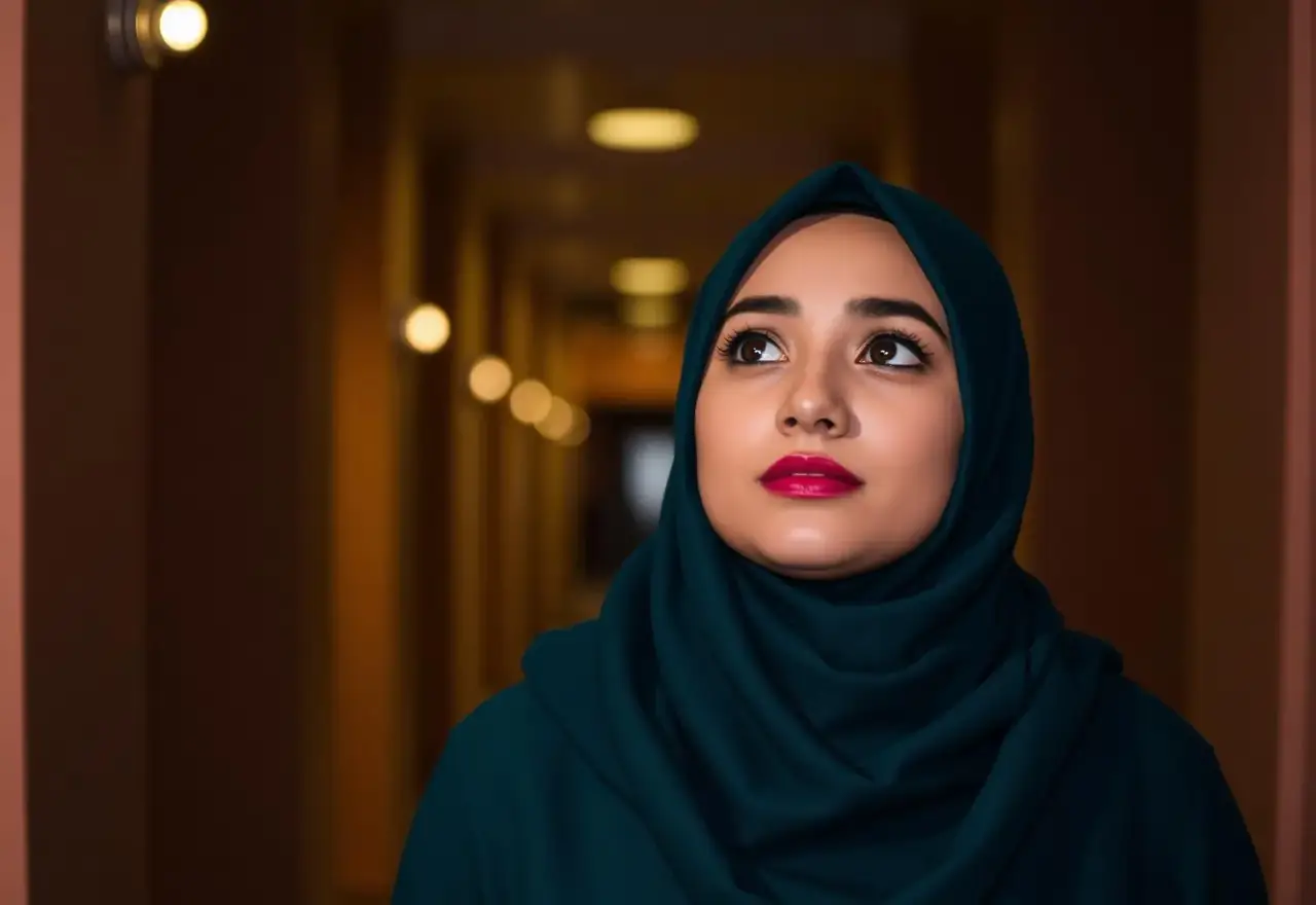 A young woman in a deep teal hijab looking upward in a softly lit corridor